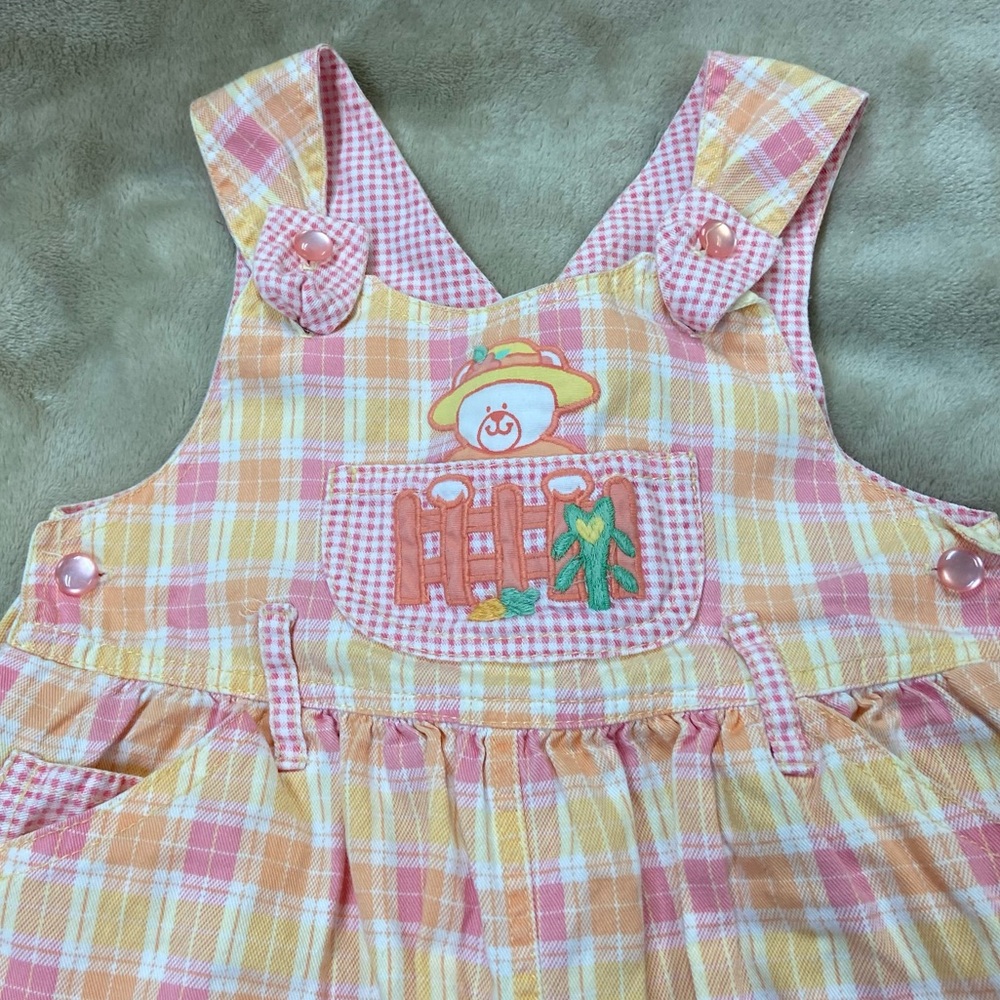 Pink,Yellow, & Orange Overalls with Farmer Bear looking out of pocket size 24 mo
